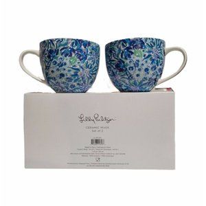 Lilly Pulitzer Hidden Lions Coffee Mug Floral Blue & Purple 12oz Set Tea Brunch